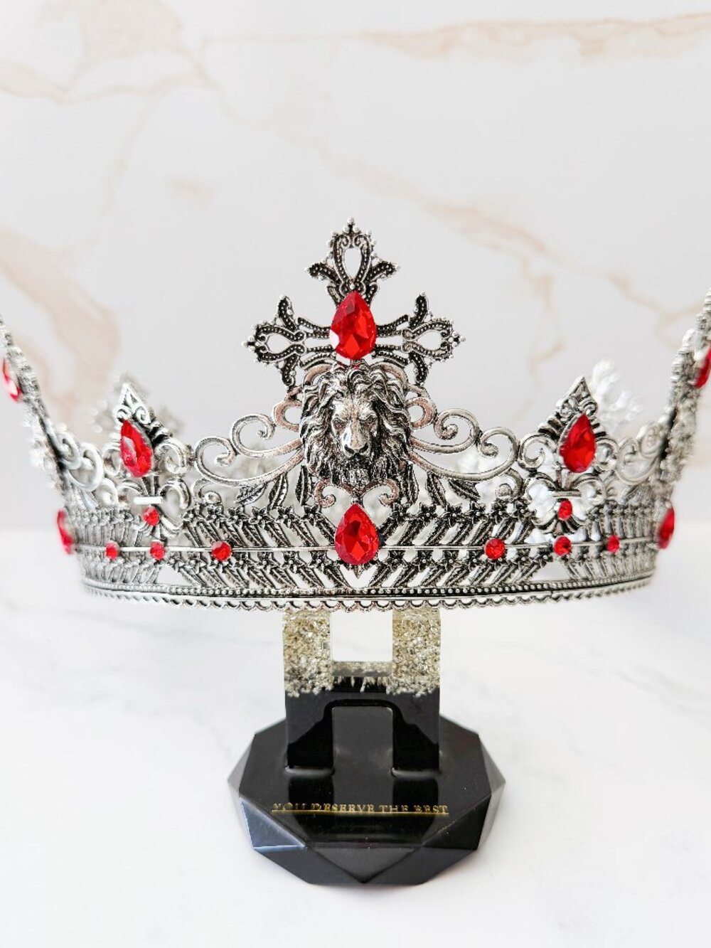 Silver Lion King Crown Red Crystal Cross Medieval Royal Cosplay Wedding Prom